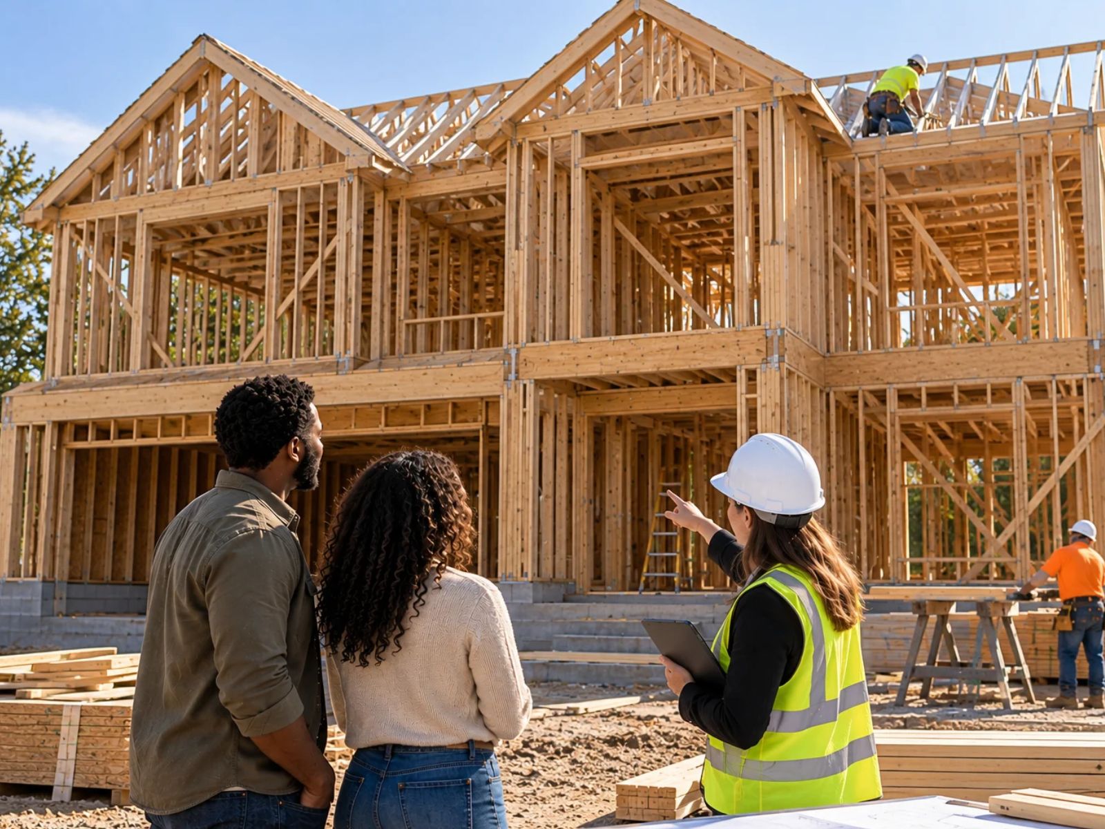 New two-story home framing under construction