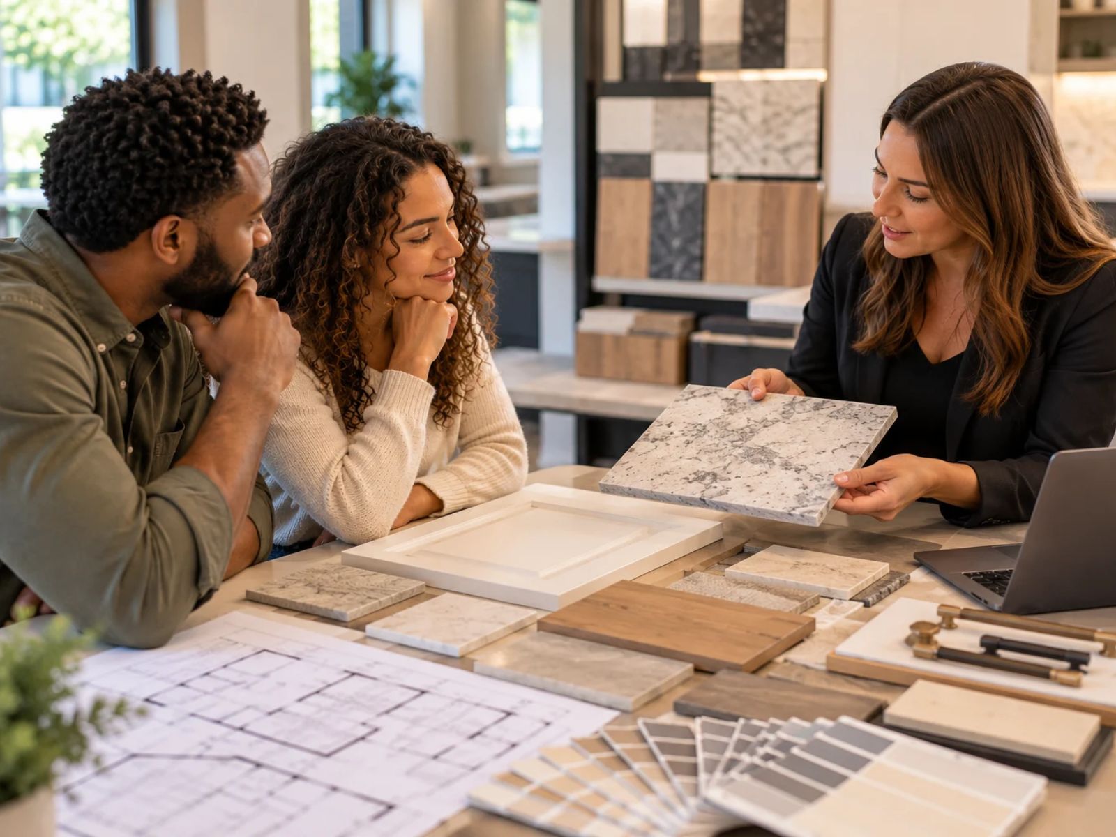 Designer comparing marble and finish samples