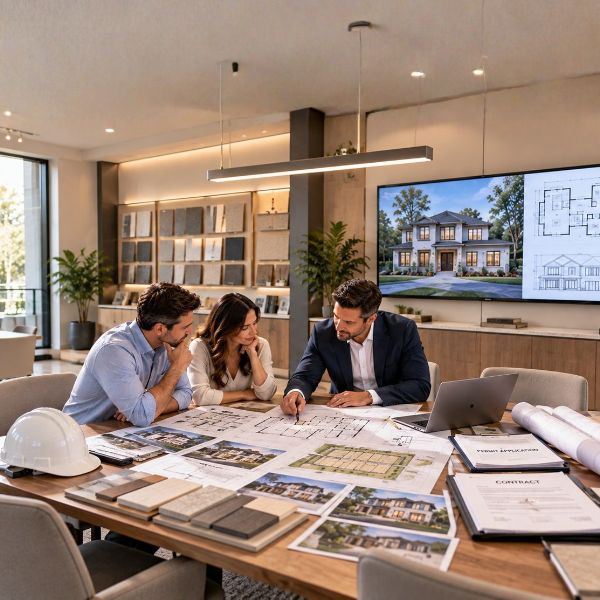 Design & Permits An engineer's hands working over a house plan